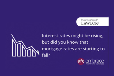 Bar graph with arrow pointing down and the text Interest rates might be rising but did you know what mortgage rates are starting to fall?